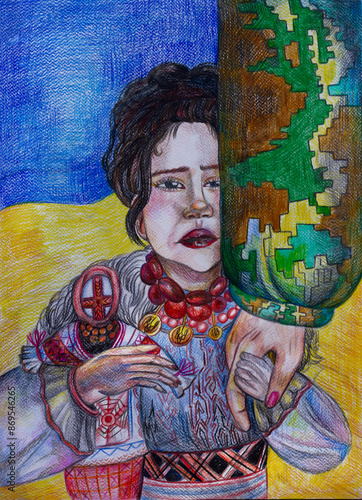 War. Girl and Ukrainian military man. Drawn in pencil