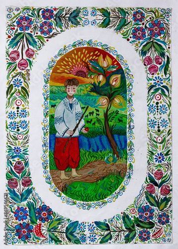 Shepherd on the meadow. Painted with paints