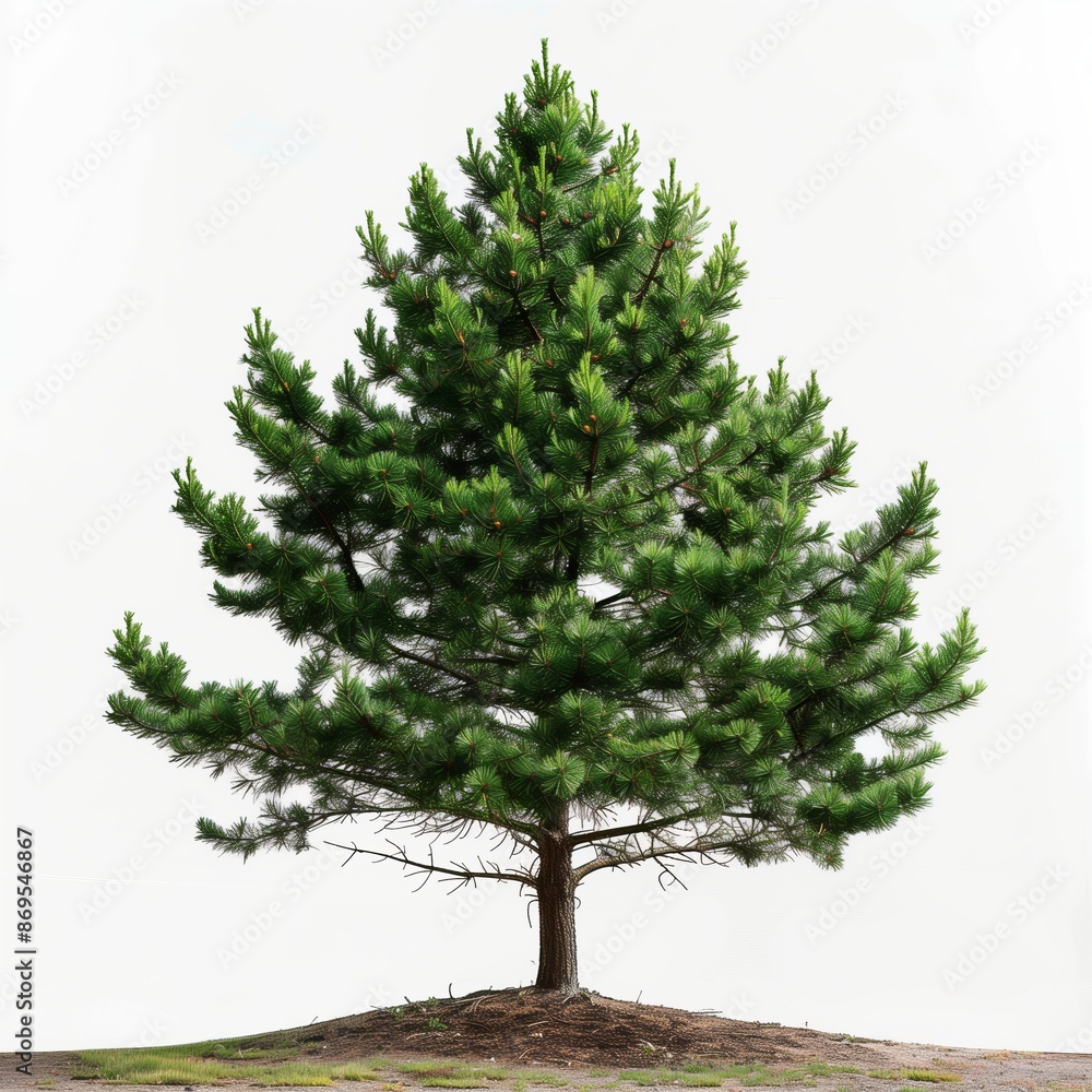 Un albero di pino verde su sfondo bianco, simbolo di forza e resistenza naturale. Un albero di pino verde su sfondo bianco, simbolo di forza e resistenza naturale.