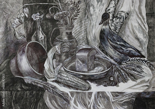 Still life Bird on the table.Drawn in pencil