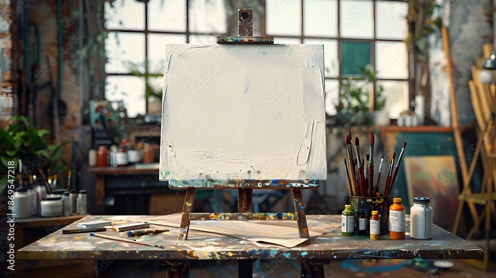 Obraz premium Artful Workspace Showcasing Painter's Canvas and Creative Tools in Rustic Mid-Century Studio Setting
