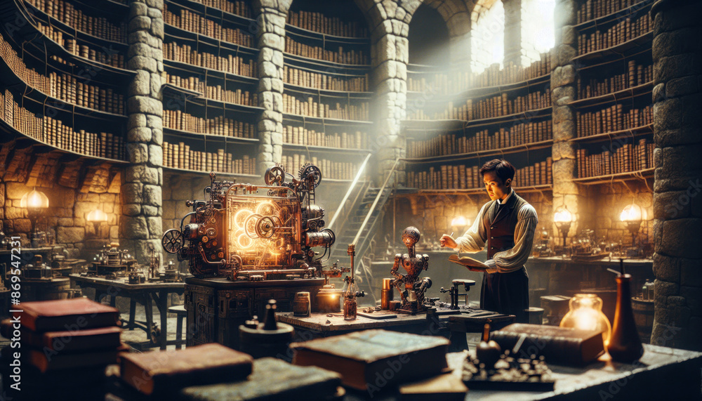 Scientist in Library with Steampunk Gadgets Scientist in Library with Steampunk Gadgets