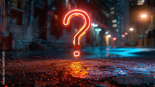 Neon question mark sign glowing on a city street at night.