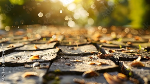 Fallen autumn leaves and twigs on the forest floor in natural sunlight photo