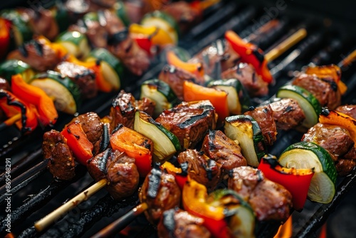 Close-up of barbecue with vegetables on the grill.