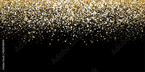 Golden glitter lights on black background. Sparkling glittering rain effect. Celebration backdrop for Christmas, wedding, birthday party. Luxury metallic frame, border. Vector.