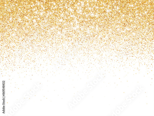 Golden glitter lights isolated on white background. Sparkling glittering rain effect. Celebration backdrop for Christmas, wedding, birthday party. Luxury metallic frame, border. Vector.