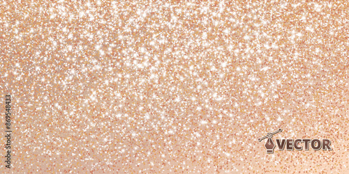 Rose gold bronze glitter lights background. Sparkling champaigne glittering rain effect. Celebration beige backdrop for Christmas and New Year, wedding, birthday party. Luxury frame, border. Vector.