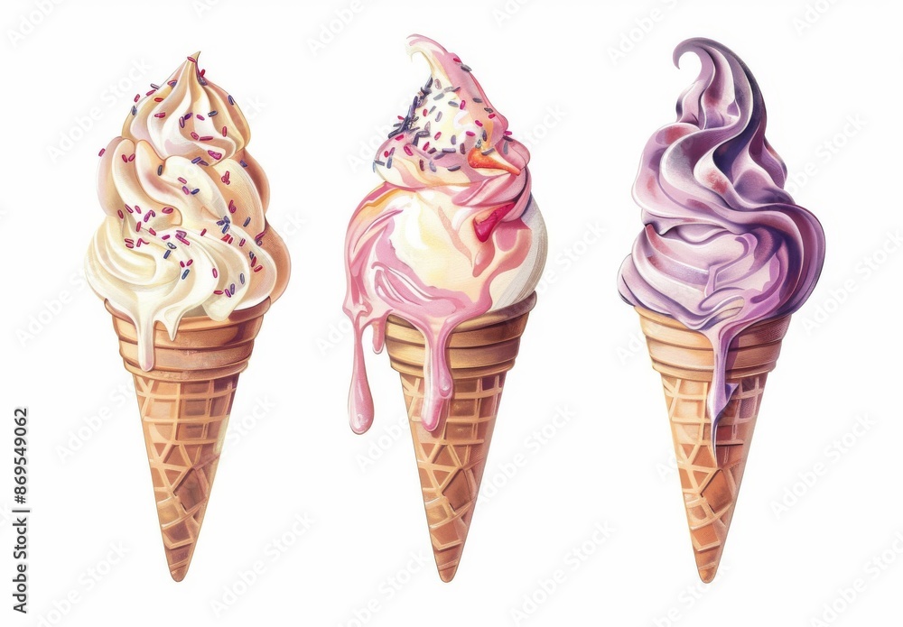 Three ice cream cones with different flavors isolated on a white background. Three ice cream cones with different flavors isolated on a white background.