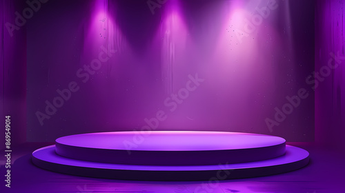Empty purple stage with spotlights creates a dramatic and mysterious ambiance.
