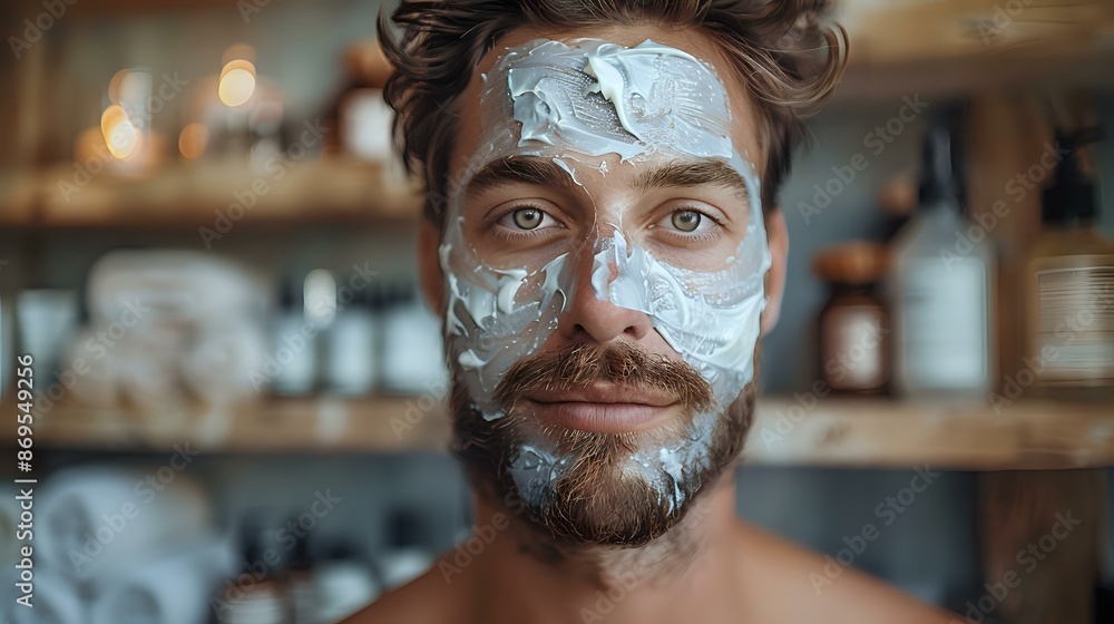 Man with a facial mask in a skincare store, surrounded by natural beauty products. Perfect for promoting skincare routines, self-care, and grooming products for men. Man with a facial mask in a skincare store, surrounded by natural beauty products. Perfect for promoting skincare routines, self-care, and grooming products for men.