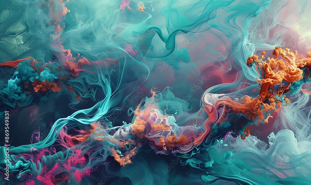 Fototapeta premium Abstract digital art bursting with energy, utilizing a vibrant mix of turquoise, coral, and magenta colors, complemented by flowing smoke effects..