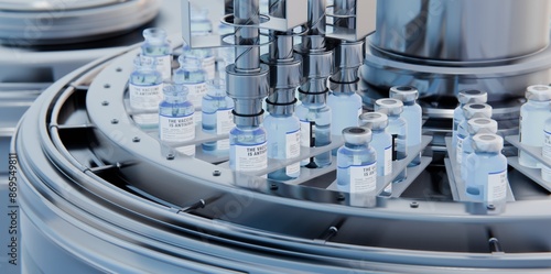 Drug manufacturing process. Line with medical ampoules line at a modern pharmaceutical plant. Pharmacology production, medicine industry from laboratory factory, pharmacy. Healthcare pharma 3D render
