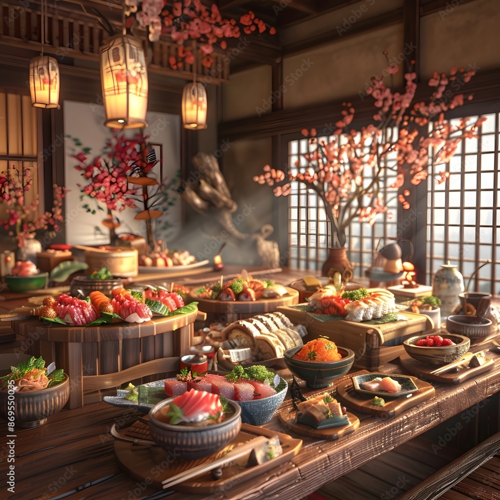 Bountiful Spread of Exquisite Traditional Japanese Cuisine on Rustic Wooden Table Bountiful Spread of Exquisite Traditional Japanese Cuisine on Rustic Wooden Table