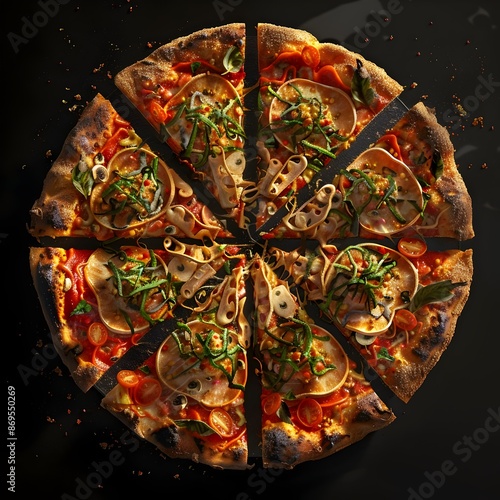 Expertly Crafted Gourmet Pizza with Crisp Crust and Visually Striking Topping Arrangement photo