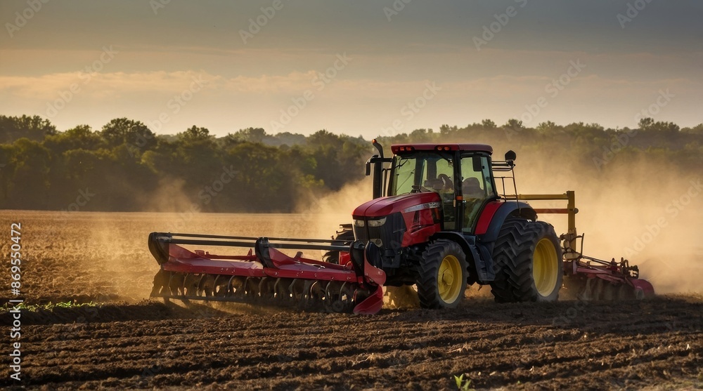 Obraz premium farmer plowing his fields at sunset