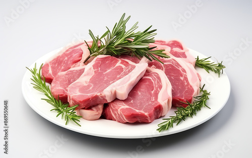 a plate of raw meat with rosemary on top