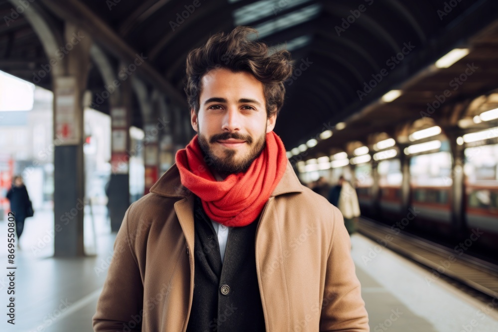 Portrait of a blissful man in his 20s wearing a chic cardigan on modern city train station Portrait of a blissful man in his 20s wearing a chic cardigan on modern city train station
