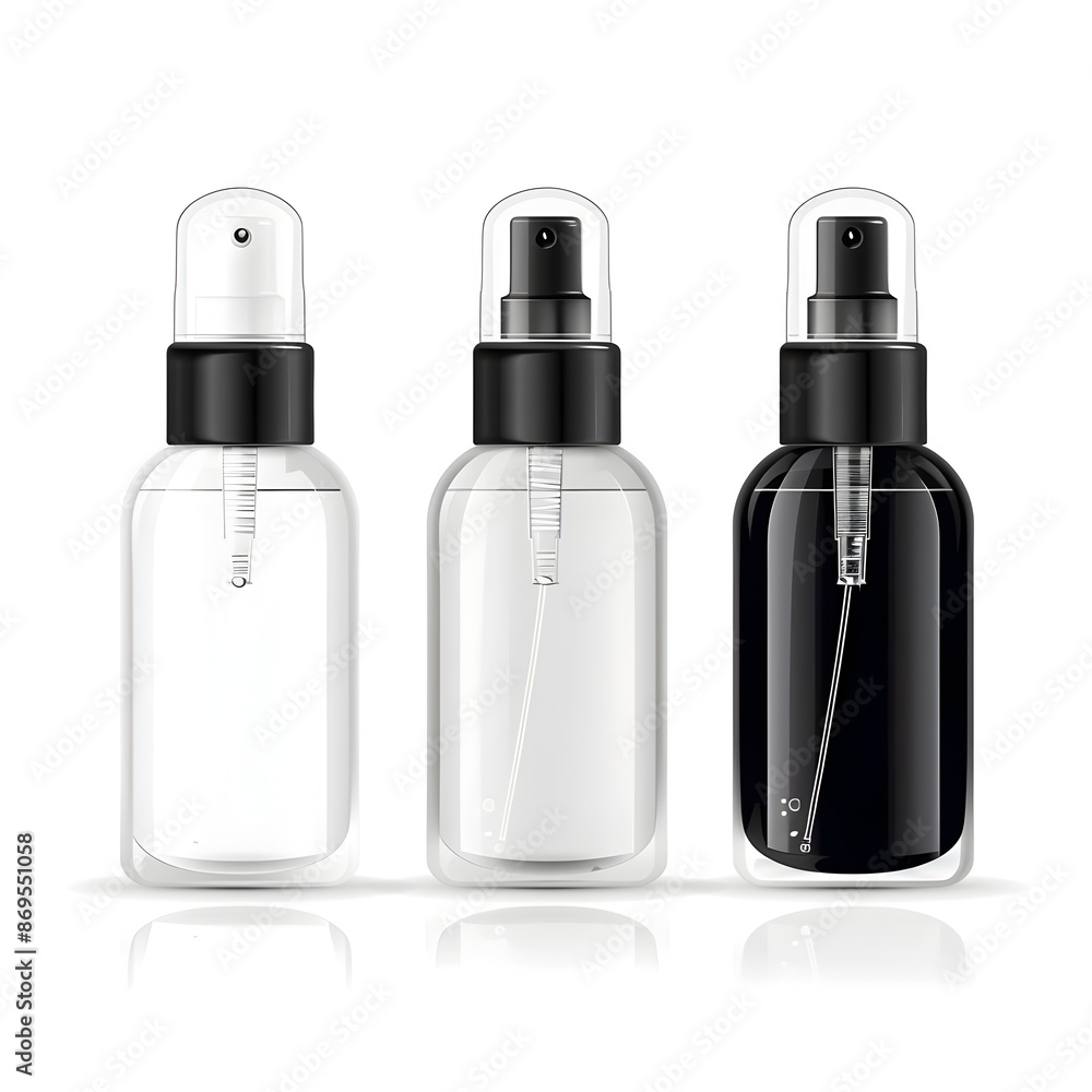Glass Spray Bottles with Contrasting Black and White Caps for Cosmetic Medical or Hygienic Product Showcases Glass Spray Bottles with Contrasting Black and White Caps for Cosmetic Medical or Hygienic Product Showcases