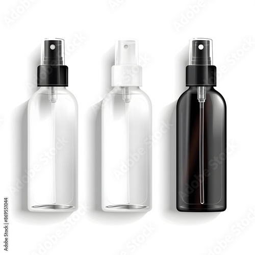 Detailed of Glass Spray Bottles with White and Black Plastic Caps on Plain White Backdrop