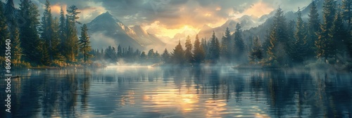 Serene Sunrise Over a Misty Lake #869551640
