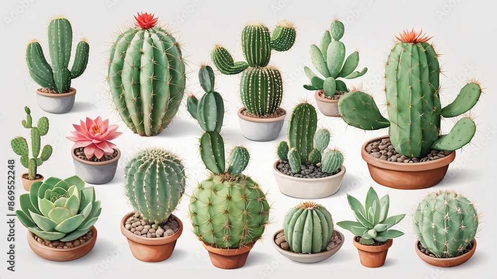 Fototapeta premium Collection of cactus plants in pots. Vector illustration. . Isolated white background 