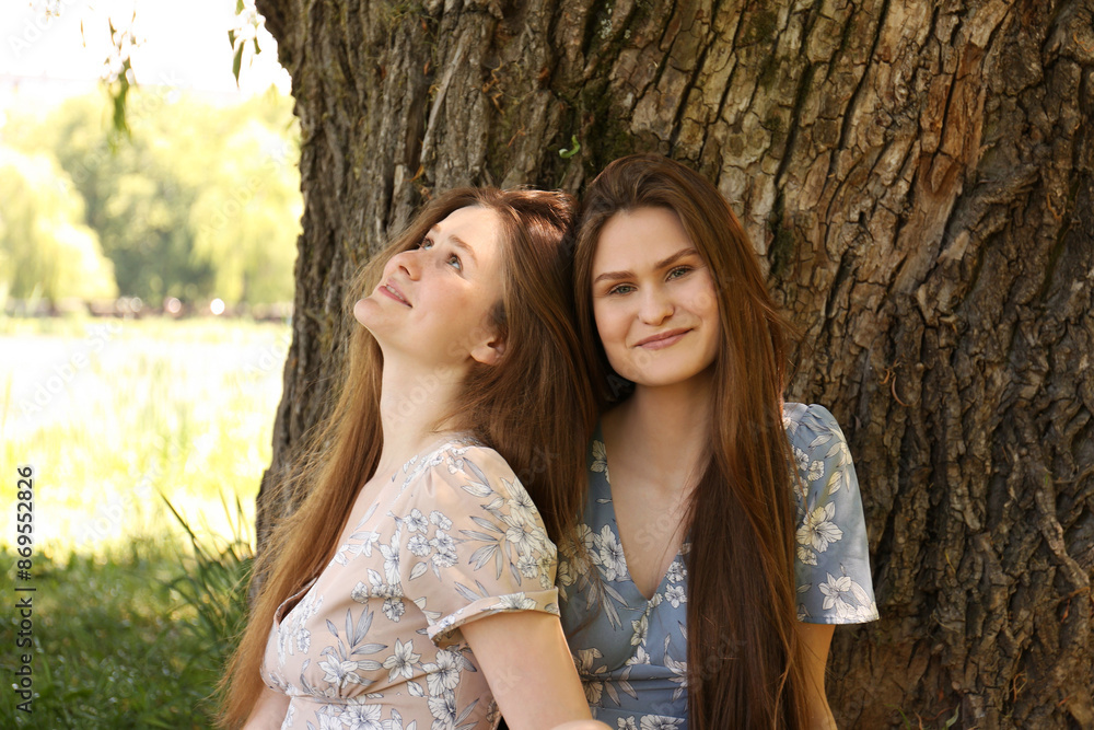 Two beautiful twin sisters near tree outdoors Two beautiful twin sisters near tree outdoors