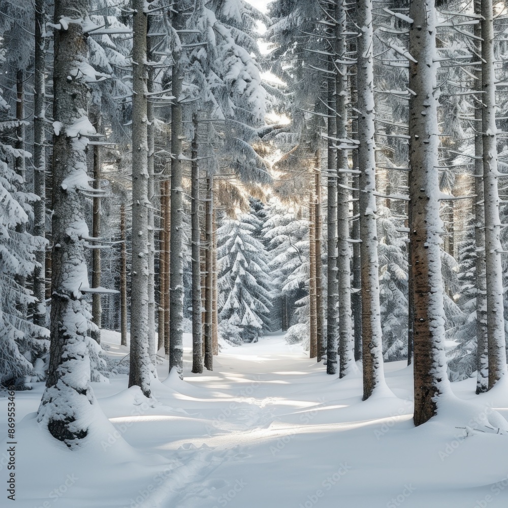 Fototapeta premium A serene snowy forest with tall, snow-covered trees, creating a minimalist winter wonderland.