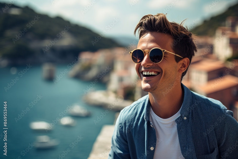 Portrait of a joyful man in his 30s wearing a trendy sunglasses in picturesque seaside village Portrait of a joyful man in his 30s wearing a trendy sunglasses in picturesque seaside village