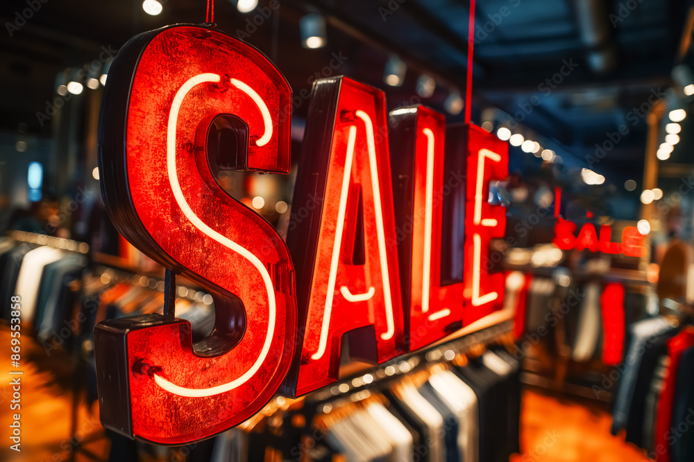 Neon sign Sale red in a clothing store. Discounts and sales. Black Friday Neon sign Sale red in a clothing store. Discounts and sales. Black Friday