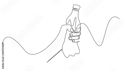 continuous line drawing of hand squeezing plastic bottle.single line drawing of destroying plastic waste.single line vector illustration.isolated white background