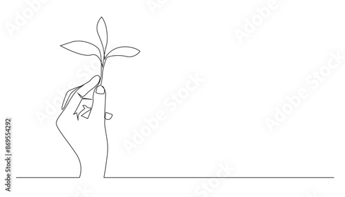 continuous line drawing of hand holding a leaf.single line drawing of earth greening.single line go green.isolated white background