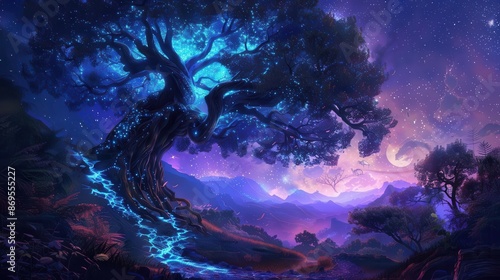 enchanted forest at twilight ancient tree with glowing bioluminescent leaves mystical creatures hidden among roots starry sky above winding path leading to distant mountains © furyon