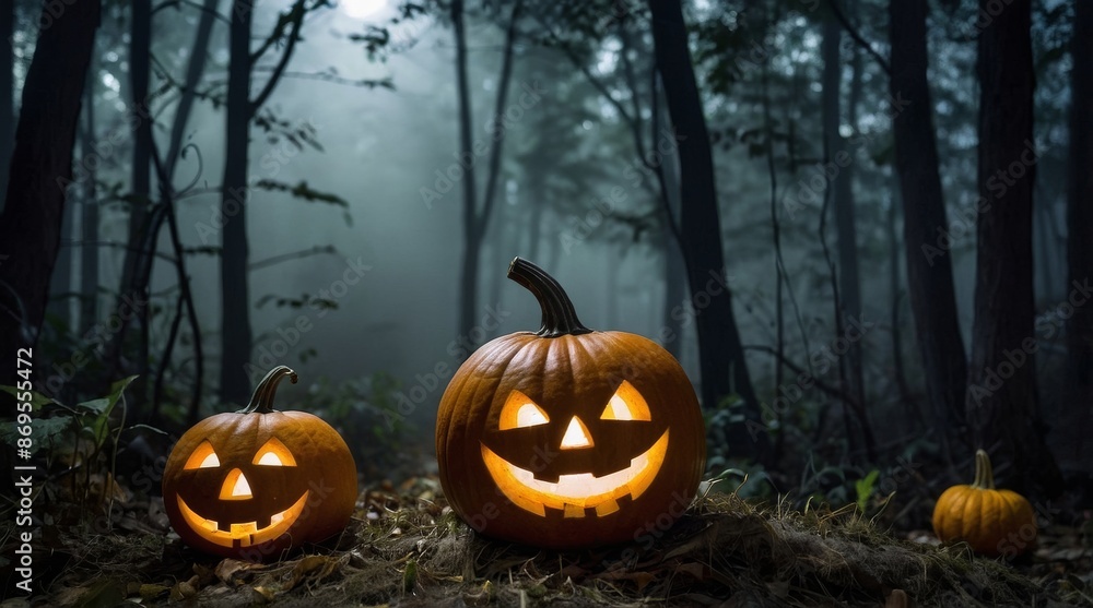 Halloween Pumpkins Smiling In Mist Forest At Moonlight Halloween Pumpkins Smiling In Mist Forest At Moonlight