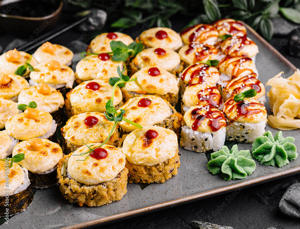 Delicious assorted sushi platter on dark stone background Delicious assorted sushi platter on dark stone background