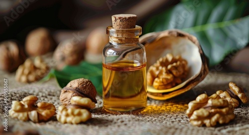 Wallpaper Mural Brown Glass Bottle of Walnut Oil With Whole Walnuts Torontodigital.ca