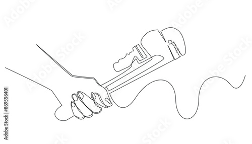 continuous line drawing of pipe repair.vector one line hand holding wrench.single line pipe repairman.isolated white background