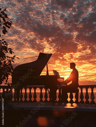 Impressionist Pianist Silhouetted Against Warm Sunset Sky on Balcony