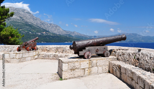 Cannons at medieval fortress in Korcula town, Korcula, Croatia, Europe.