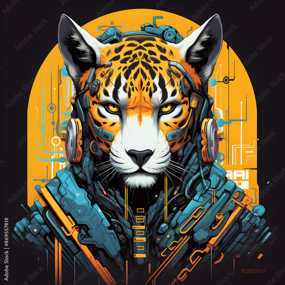 Obraz premium T-shirt design of a cyber-samurai cheetah, futuristic, fast, disciplined. Suitable for t-shirt or sticker ready to print. Animal character.[A-0004]
