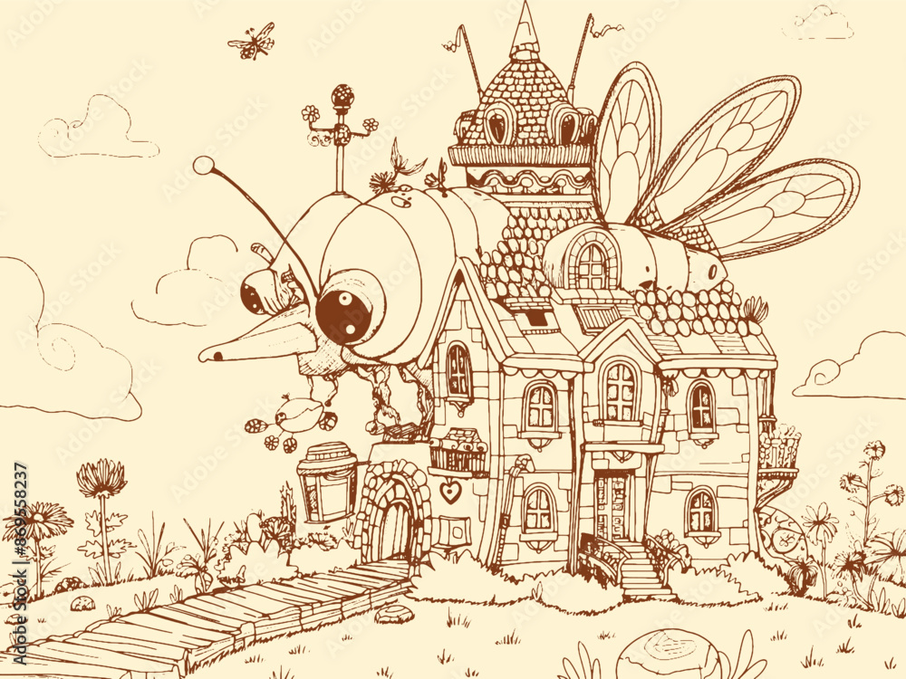Obraz premium Large fantastic beetle with a city on its back. Generative ai vector.