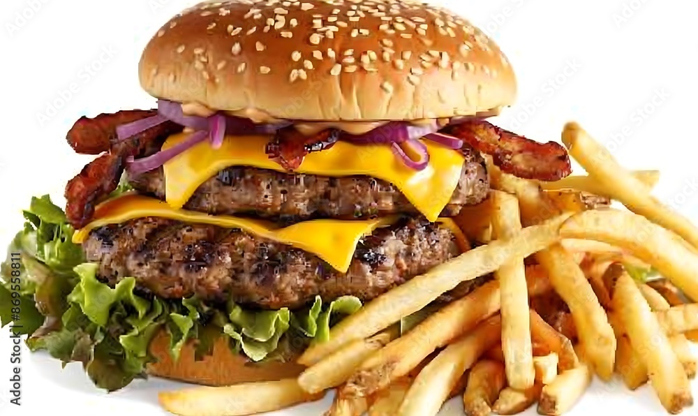 Cheesy Double Patty Burger with Crispy Seasoned Fries, Cut Out Cheesy Double Patty Burger with Crispy Seasoned Fries, Cut Out