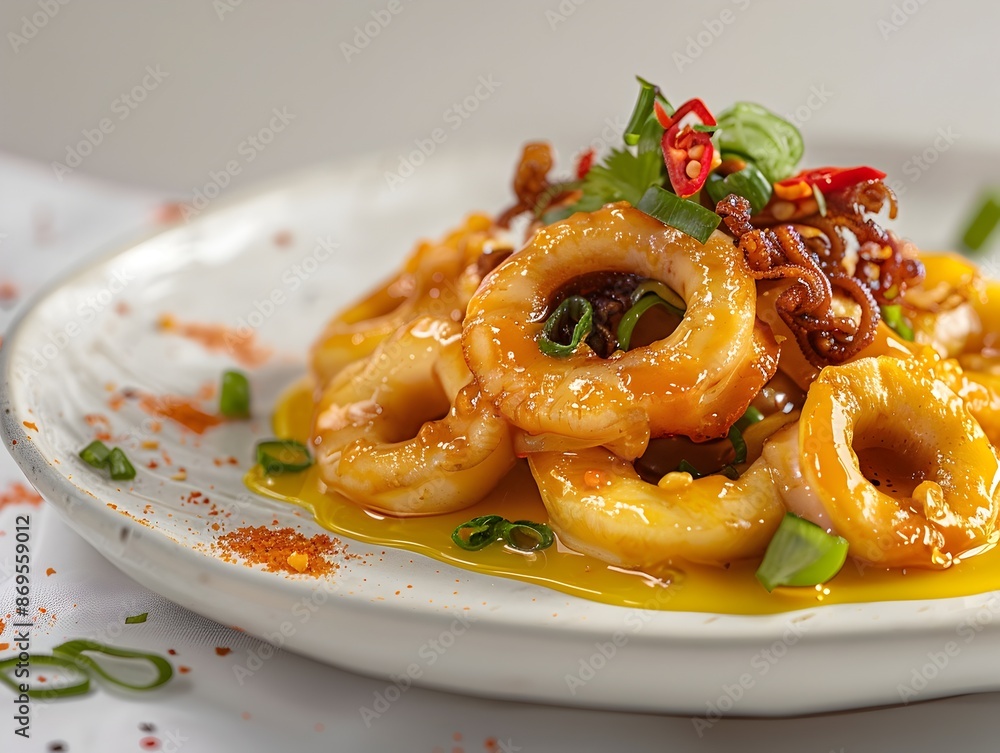 Savory Squid Stir Fry with Creamy Egg Yolk Sauce in Minimalist Studio Setting Savory Squid Stir Fry with Creamy Egg Yolk Sauce in Minimalist Studio Setting