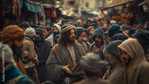 Jesus helping a beggar stand up on a busy street, with the movement of the crowd creating a dynamic backdrop