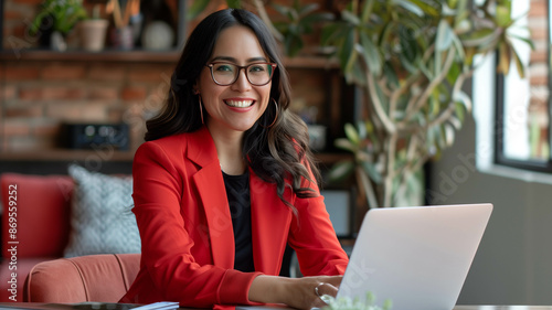 a woman red Suits cheerful real estate agent in her mid 30s, in modern attire, working on her laptop