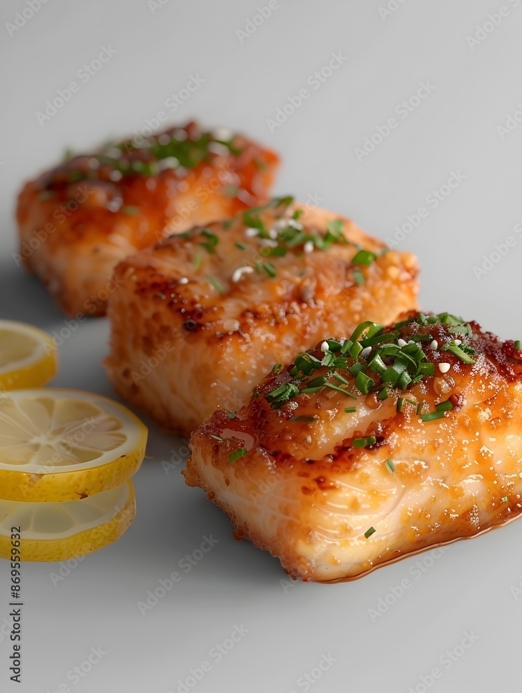 Trio of Artfully Presented and Seasoned Fish Fillets on Minimalist Background Trio of Artfully Presented and Seasoned Fish Fillets on Minimalist Background