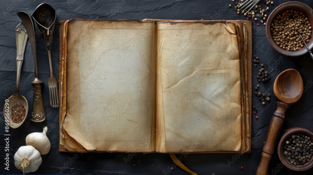 Fototapeta premium Blank Vintage Recipe Cooking Book And Utensils, Ready For Documenting Culinary Creations