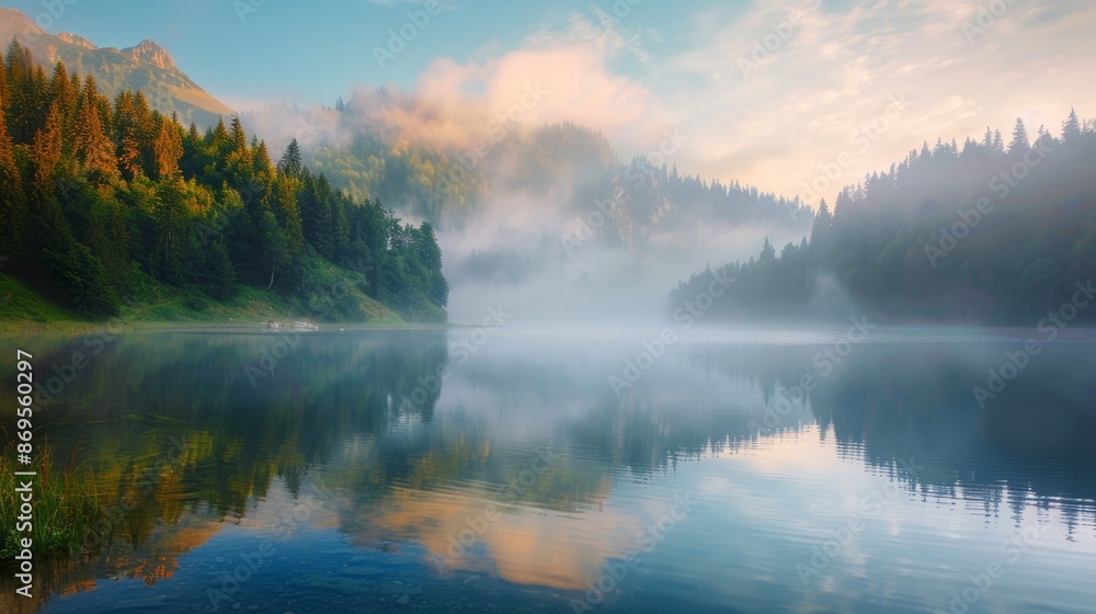 Misty Morning Magic at Lacu Rosu: Tranquil Sunrise Over Harghita County, Romania, Europe Misty Morning Magic at Lacu Rosu: Tranquil Sunrise Over Harghita County, Romania, Europe