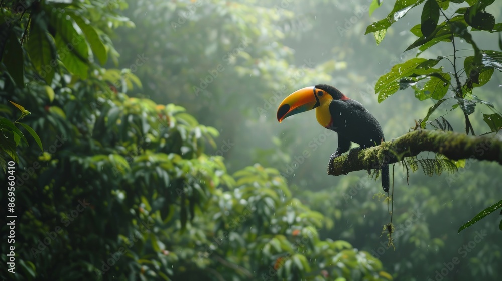 Fototapeta premium Wildlife in action as a toucan perches alertly on a branch, surrounded by the dense green canopy of a rainforest