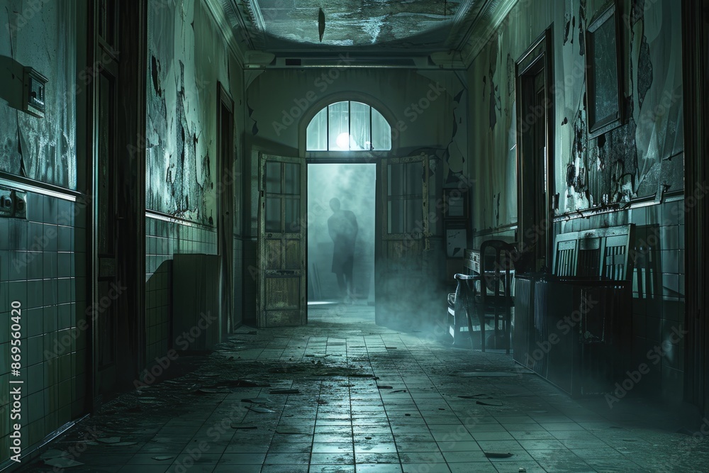 Terrifying interior of a deserted house featuring open doors leading to a dark hallway and shattered furniture, with eerie light streaming from the window; concept art, horror photography, highly deta Terrifying interior of a deserted house featuring open doors leading to a dark hallway and shattered furniture, with eerie light streaming from the window; concept art, horror photography, highly deta